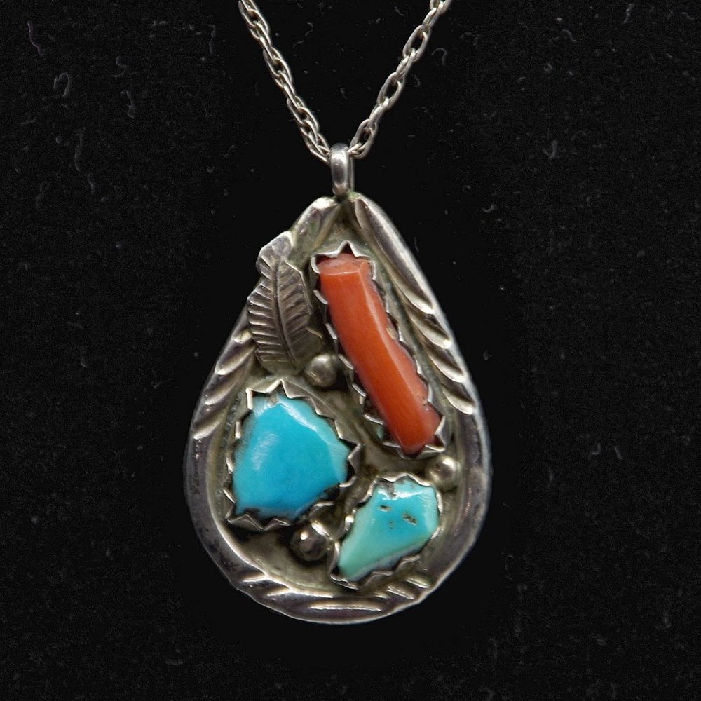 F Cheama Vintage Zuni Sterling Silver Pendant Necklace Turquoise and Coral